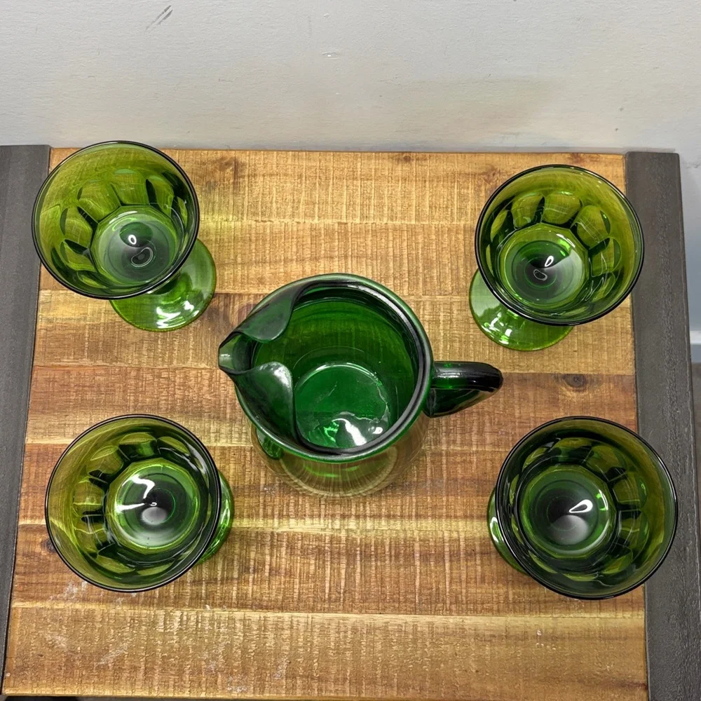 Vintage Anchor Hocking Emerald Green Glass Pitcher and Goblet Set